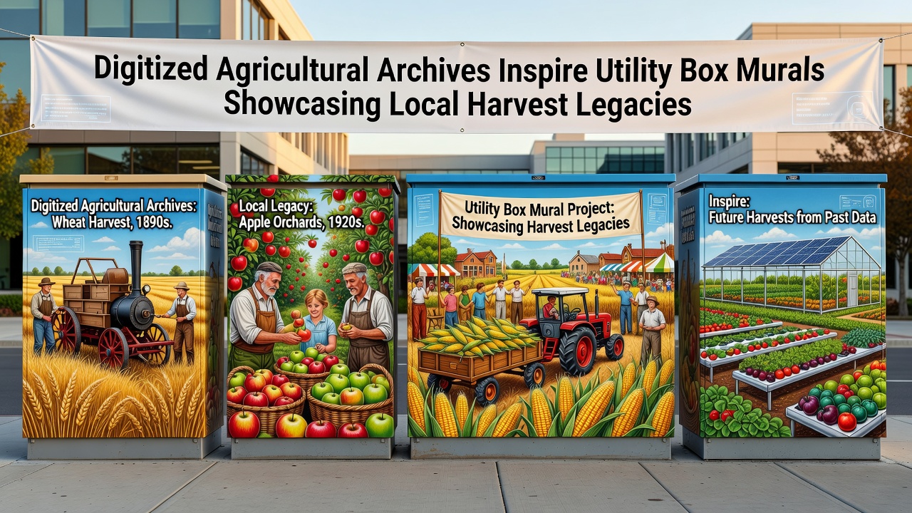 Close-up of utility box mural illustrating 1940s orchard yields and legacy farming practices