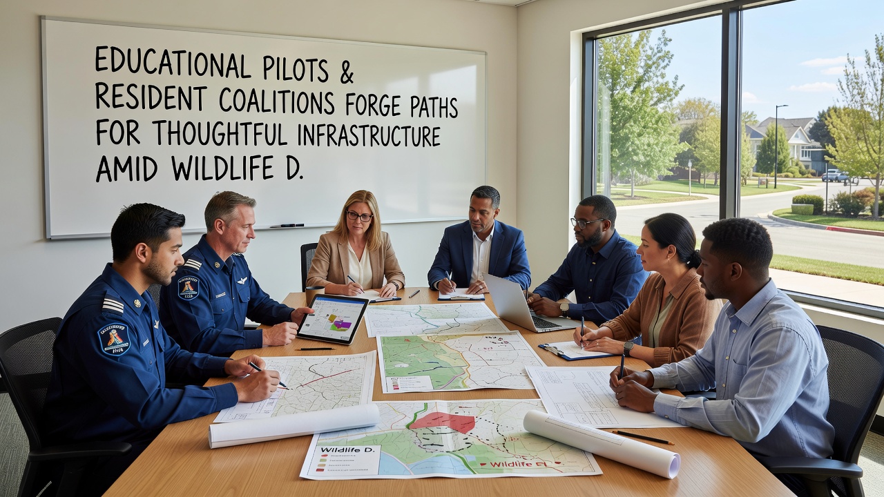 Resident coalition members examining wildlife monitoring data alongside infrastructure blueprints